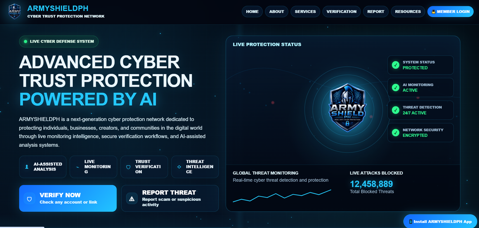 ArmyShieldPH cybersecurity platform screenshot